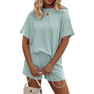 Ekouaer Womens Pajama Sets Short Sleeve Lounge Sets 2 Piece Pjs Tops and Shorts Outfits Matching Loungewear with Pockets (Medium, Glacial Green)