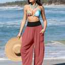 TARSE Womens Linen Wide Leg Pants Casual Loose Elastic Waist Beach Travel Vacation Palazzo Harem Pants with Pockets (Red, XL)