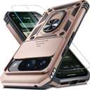 Janmitta Case Compatible with Google Pixel 10/10 Pro Built in Slide Camera Lens Cover+Screen Protector+Finger Ring Holder Kickstand,Heavy Duty Shockproof Full Body Protective Phone Cover,Rose Gold