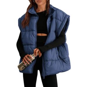 PRETTYGARDEN Women's Puffer Vest Fall Casual Stand Collar Lightweight Sleeveless Zip Up Padded Jackets Outerwear (Small, Dark Blue)