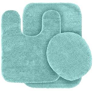 Fancy Linen 3pc Solid Non-Slip Bath Mat Set Bathroom U-Shaped Contour Rug, Mat and Toilet Lid Cover (Aqua)