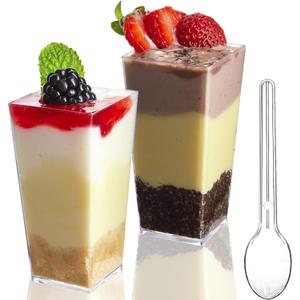 TOFLEN 50 Pack 3 oz Square Mini Dessert Cups with Spoons Clear Plastic Dessert Shooter Cups for for Party, Yogurt, Parfait, Cheesecake, Pudding, Jello and Appetizers
