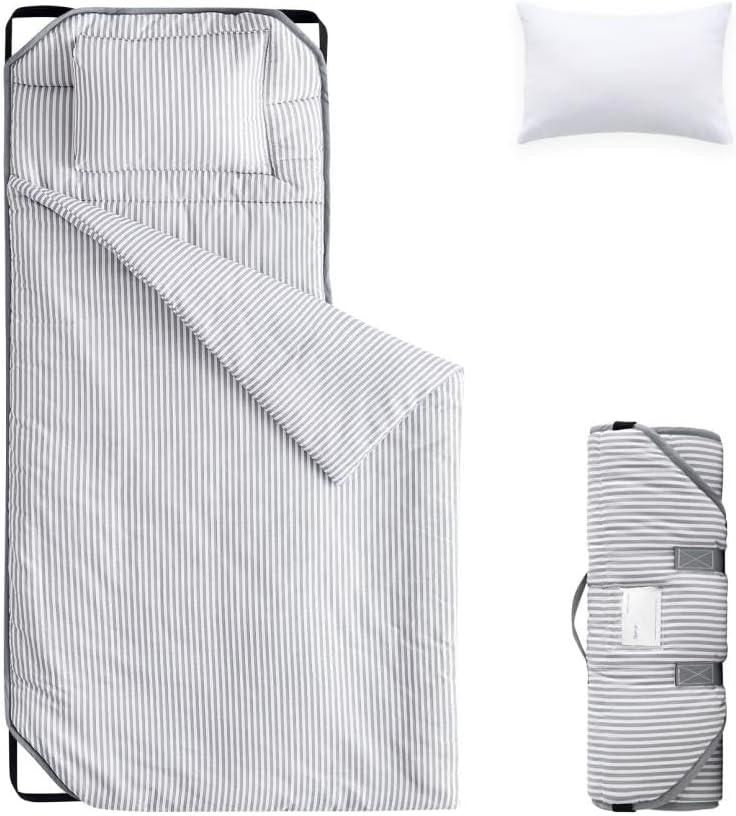 Wake In Cloud - Cot Nap Mat with Pillow and Blanket, 100% Cotton Fabric, for Toddler Kids Boys Girls Ages 3 Plus in Daycare Kindergarten Preschool, Ticking Stripes,52"L x 22"W x 6"Th