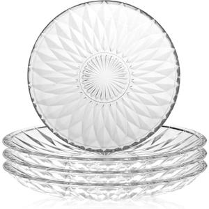 WHJY 6 Inch Clear Glass Plates 4 Pack Vintage Dinnerware Set Transparent Diamond Textured Dinner Plates for Home Party Wedding Crystal Glass Dishes for Fruit Salad Appetizer Dessert