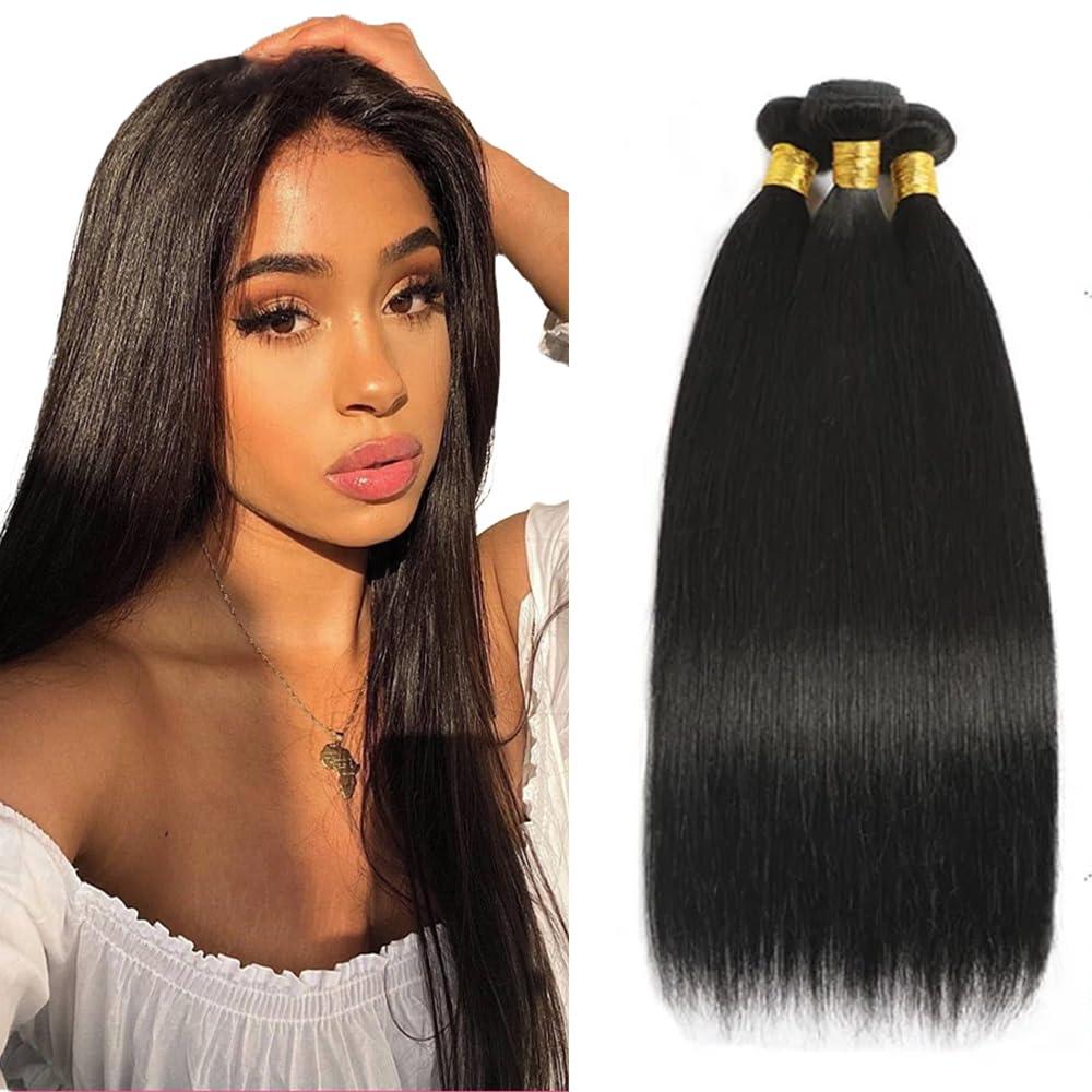 Human Hair Bundle Natural Black Straight Bundles 16 18 20 inch 100% Unprocessed Brazilian Virgin Hair 3 Bundles 150g #1b Color Natural Black