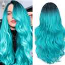 FAVE Ombre Bluish Green Wig Long Wavy Side Part Wigs Heat Resistant Synthetic Hair Teal Blue Mermaid Wigs for Women Teal Wig for Daily & Party Use(Ombre Bluish Green) (26)