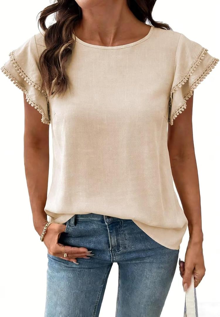 Dokotoo Summer Tops for Women 2026 Casual Round Neck Ruffle Cap Sleeve Blouse Shirts Solid Color Tunic Tops (Beige, S)