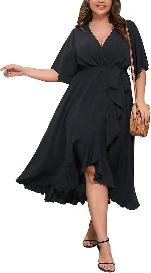 SCOMCHIC Women Plus Size Maxi Dress Short Sleeve Wrap V Neck High Low Split Ruffle Long Dress, Size XXL