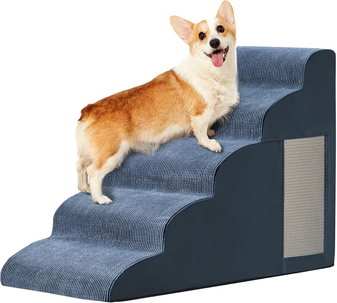 Pet Stairs for Small Dogs - 5-Step Curved Dog Ramp for Bed, Couch, Sofa, Car and Chairs - Non-Slip Bottom Design - Cat Scratching Board - High Density Foam Portable Pet Step - Navy