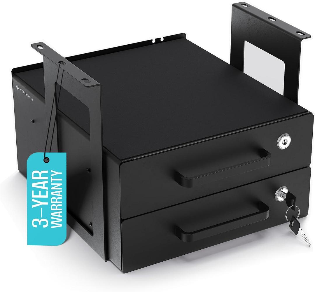 Under Desk Drawer Slide-Out Lockable Metal Storage Drawers with Cable Management for Office & Home (Double, Bracketed)
