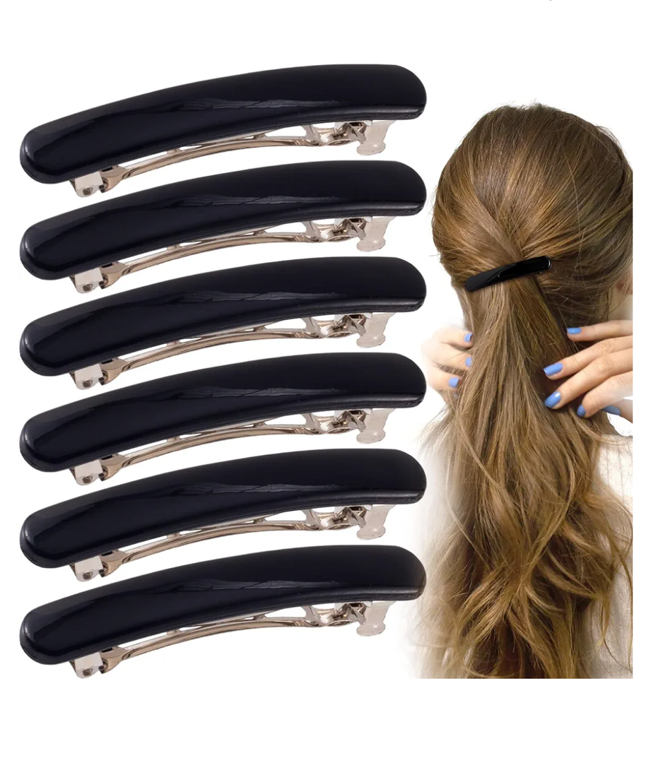 6PCS French Barrette Hair Clips for Women, 2.48 Inch Small Tortoise Shell Hair Clip, Curved Glossy Thin Hair Flat Hair Accessories for Women - Black, Oval Style