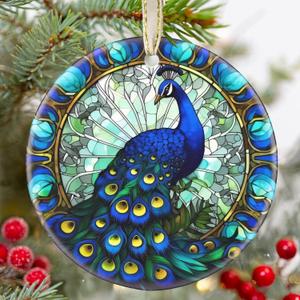 Ceramic Peacock Ornament - Round Hanging Decor for Christmas Tree - Gifts for Peacock Lovers
