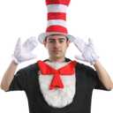 Cat in the Hat Costume Red Striped Hat White Gloves White Furry Cloth Red Bow Halloween Party Cosplay Costume Accessories