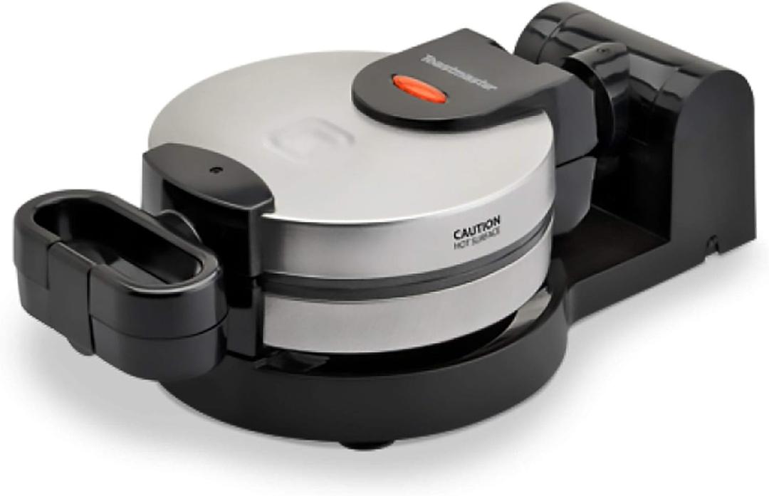 Toastmaster Round Rotating Waffle Maker by Select Brands - Belgian Waffle Maker with Non-Stick Plates - Waffle Iron Features Latching Handle & Power Indicator Light 