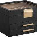 SONGMICS GISELLA Collection - Jewelry Box Organizer, 3-Layer Jewelry Storage with 2 Drawers, Shiny Metal Hardware, Glass Lid, Modern, 8 x 9.1 x 5.3 Inches, Ink Black and Gold Color UJBC239B03