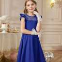 Flypigs Girls Dresses Summer Formal Party Wedding Ruffle Sleeve Mesh Knee Length A Line Dress with Pockets (Blue), Size 14-16