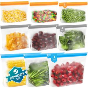 Dishwasher Safe Reusable Storage Bags Stand Up - BPA Free Reusable Sandwich Bags - Leakproof Gallon Freezer Bags, Silicone Food Storage Bags - Multicolor 3 Gallon + 3 Sandwich + 3 Snack Bags