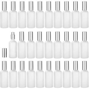 30 Pcs Frosted Glass Spray Bottles, 3.4 oz / 100 ml Refillable Perfume Atomizer, Fine Mist Empty Spray Bottle, Leak-Proof Reusable Containers for Travel, Essential Oils & Liquid Dispensing (Silver)