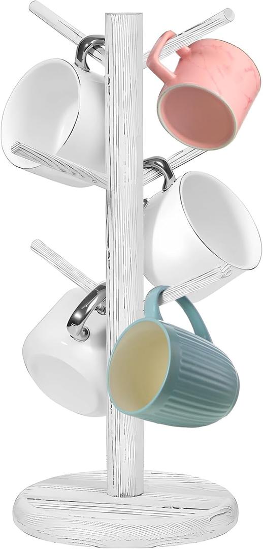 Patelai Coffee Mug Tree 14 Inch Wood Mug Holder Stand with 6 Hooks for Counter, Coffee Bar Accessories and Organizer Station Removable(White)
