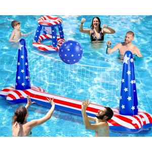 HOLYFUN Inflatable Pool Volleyball Floating Net Set Basketball Hoop with USA Flag Pattern, Summer Pool Water Games for Kids, Teens, Adults and Family