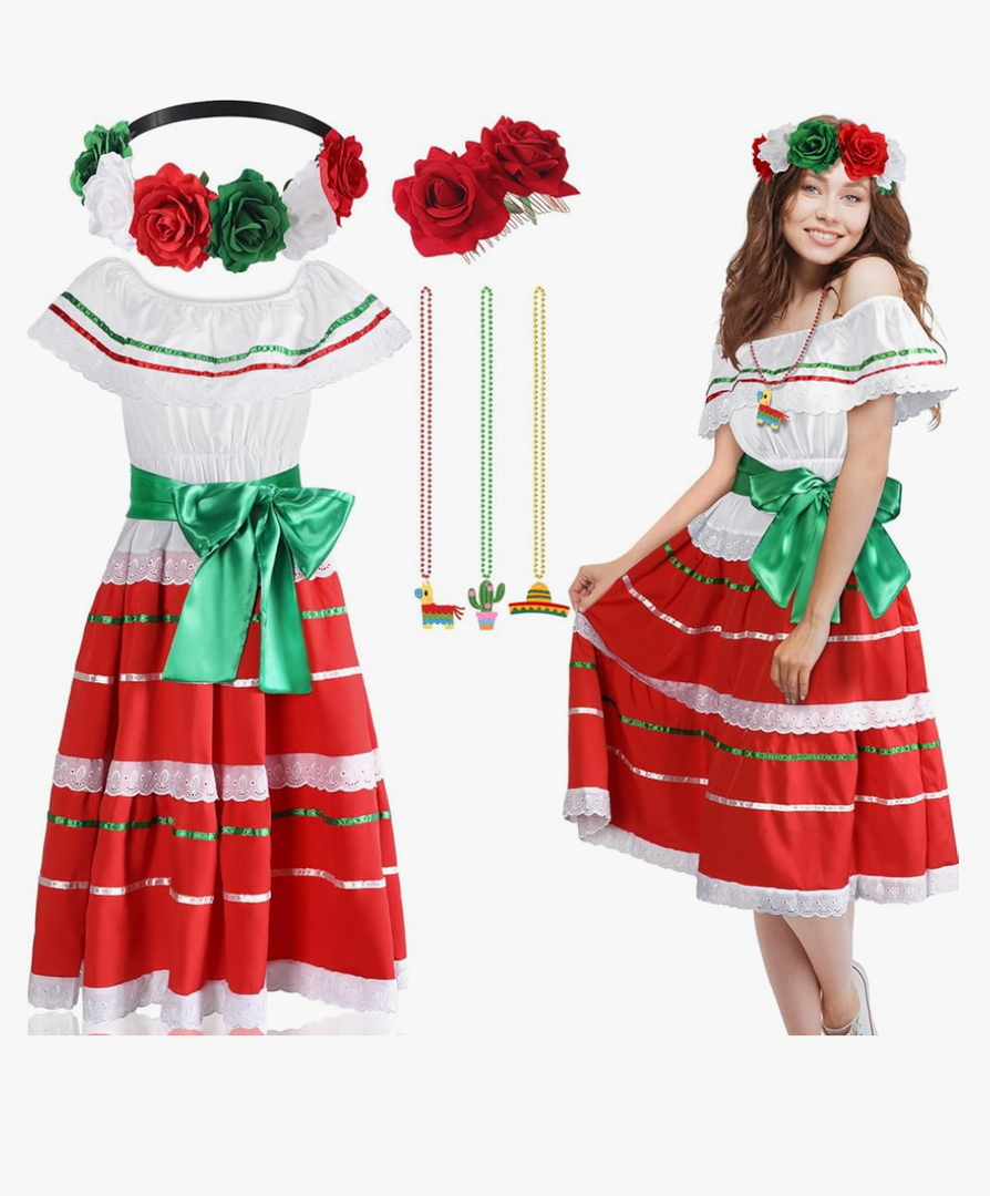 Halfchet 6 Pcs Mexicanos Traditional Dress Women Folklorico Vestidos Outfit Mexican Skirt Carnival Halloween Costume Size M