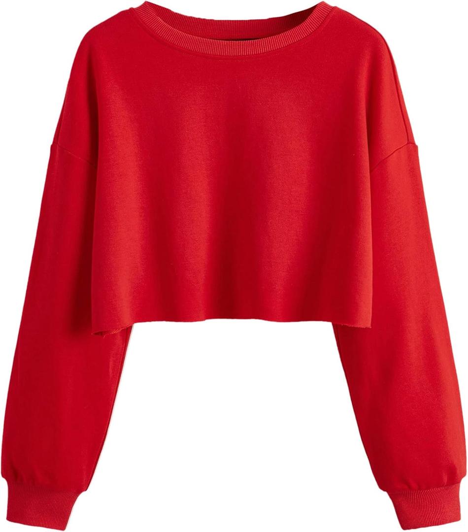 SweatyRocks Women's Casual Long Sleeve Raw Hem Pullover Crop Tops Sweatshirts (Red, S)