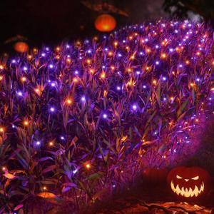 Joomer 12ft x 5ft 360LED Orange Purple Halloween Net Lights Outdoor Mesh Lights, 8 Modes Timer Connectable Waterproof Bush Light Mesh Netting Light for Halloween Outdoor Decorations (Green Wire)