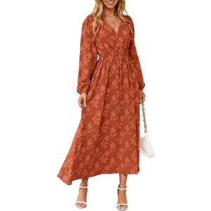 Simplee Womens Boho Floral Long Sleeve Maxi Dress V Neck Empire Waist Fall Wedding Guest Dresses with Pockets,Medium
