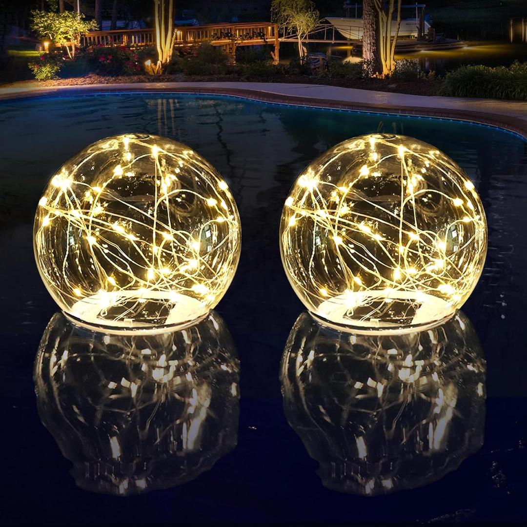 Floating Pool Lights Solar Powered, 6.5 Inch Warm White Light Up Solar Pool Lights That Float, Updated Waterproof Floating Pool Balls for Patio Party Decor(2 Piece)