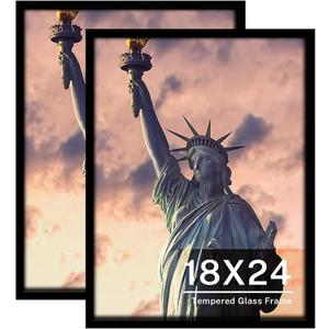 ONE WALL Tempered Glass 18x24 Poster Frame, Black Wood Photo Picture Frame Set of 2 for Wall Vertically or Horizontally Display - Mounting Hardware Included
