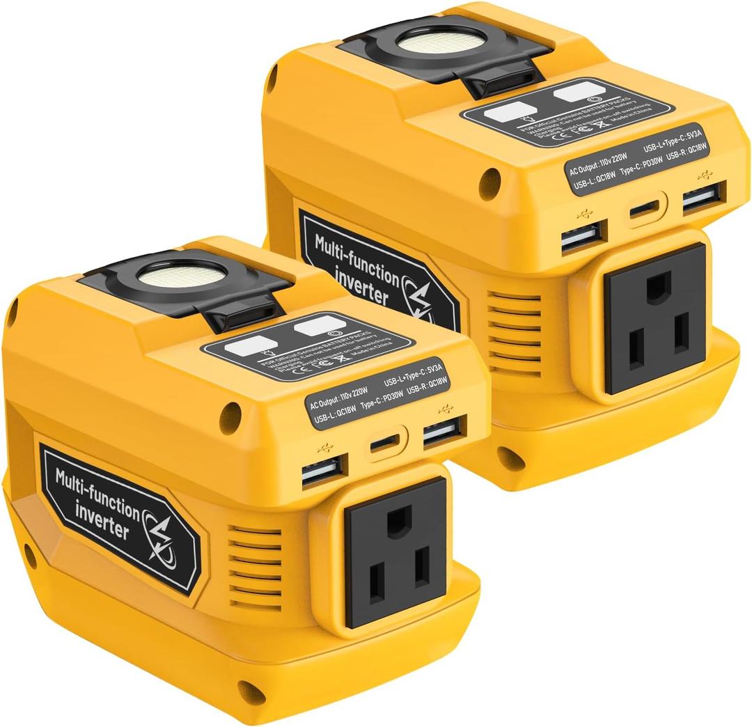 220W Power Inverter Compatible with Dewalt 20V Battery, DC 20V to AC 110V Portable Power Station with 1 AC Outlet, 2 USB Ports & 1 Type-C Fast Charging, 400LM LED Work Light (2-Pack) (Yellow)