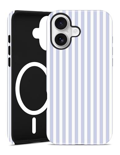 Jusy Compatible with MagSafe Striped Phone Case for iPhone 16 Plus, Cute Aesthetic Magnetic Soft TPU and Hard PC Protective Phone Cover for Women Girls (Matte) - Blue and White