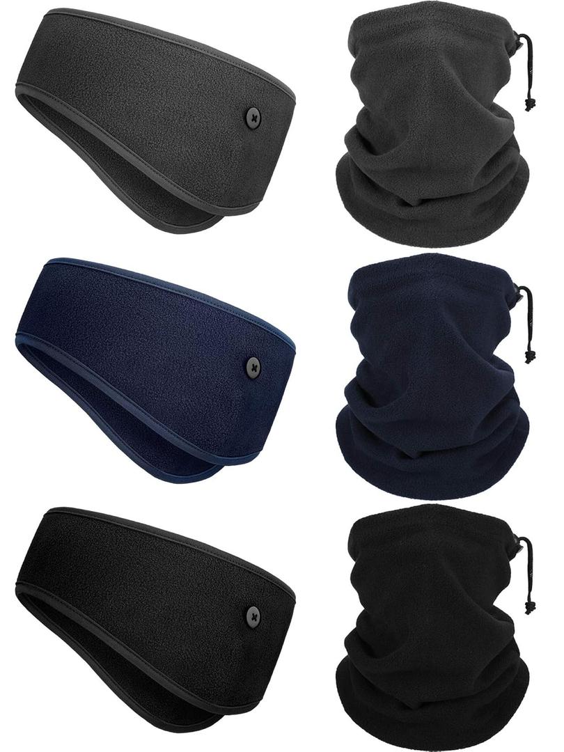 Syhood 6 Pieces Winter Fleece Ear Warmer Headband Ear Muffs Head Wraps with Winter Fleece Neck Warmer Gaiter(Black, Dark Grey, Navy Blue,One Size)
