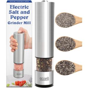 Electric Salt and Pepper Grinder Mill - Battery Operated Ceramic Burr Pepper Grinder Refillable - Automatic Stainless Steel Salt and Pepper Grinders - Pepper Mill Grinder With LED Light by Epar (Stainless Steel)