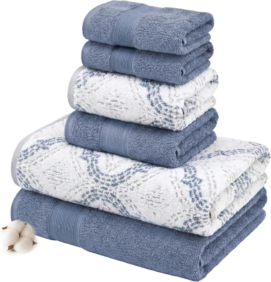 Modern Threads Capri 6-Piece Reversible Yarn Dyed Jacquard Towel Set - Bath Towels, Hand Towels, & Washcloths - Super Absorbent & Quick Dry - 100% Combed Cotton, Denim,Soft Geometric