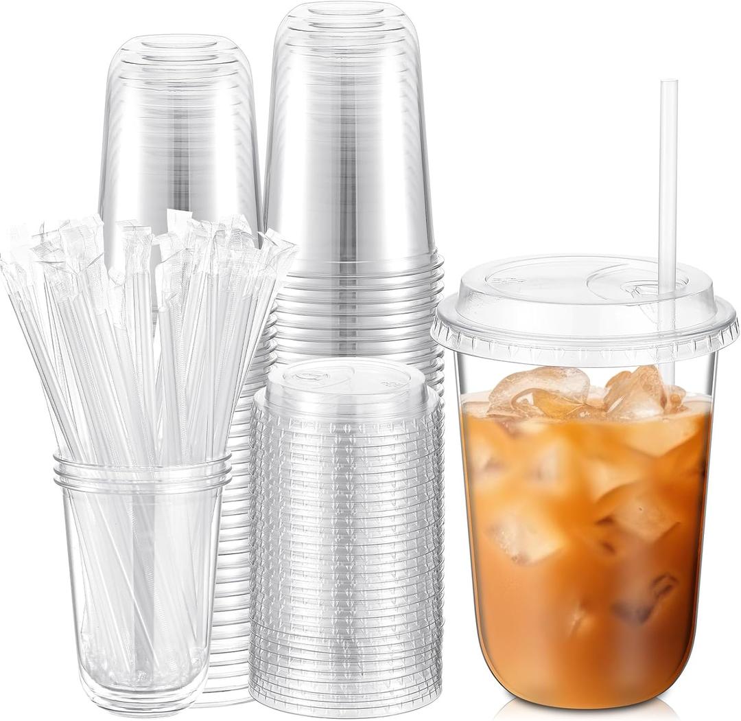 50 Sets Crystal Plastic Cups with Lids and Straws, Disposable Iced Coffee Cups Bulk PET, Cocktail, Smoothie, Milkshake, Cold Drinks, Juice, Wedding, Birthday, Coffee Shop, Party(16oz)