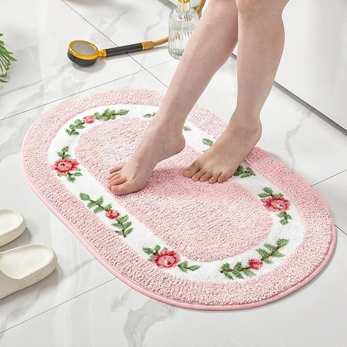 QMEAKMONY Bathroom Rugs Romantic Rose Flower Shaggy Area Rugs for Living Room Bedroom Kitchen Non Slip Absorbent Bath Mat Door Mat Washable(Pink,20x32 in) (1'8" x 2'8" (Oval))