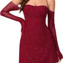 Parthea Womens Sexy Dress Sequin Sparkly Glitter Dress Off Shoulder Long Sleeve Party Club Going Out Mini Dresses (4-6, Wine)