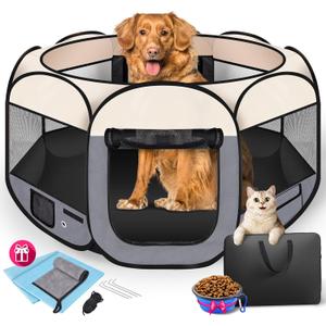 45" Foldable Pet Playpen for Large Dogs, HOMAGICO Pet Playpen for Indoor Cats Enclosed, Portable Dog Playpen Outdoor Tent Crate with Carrying Case, Water-Resistant and Removable Shade Cover, Grey