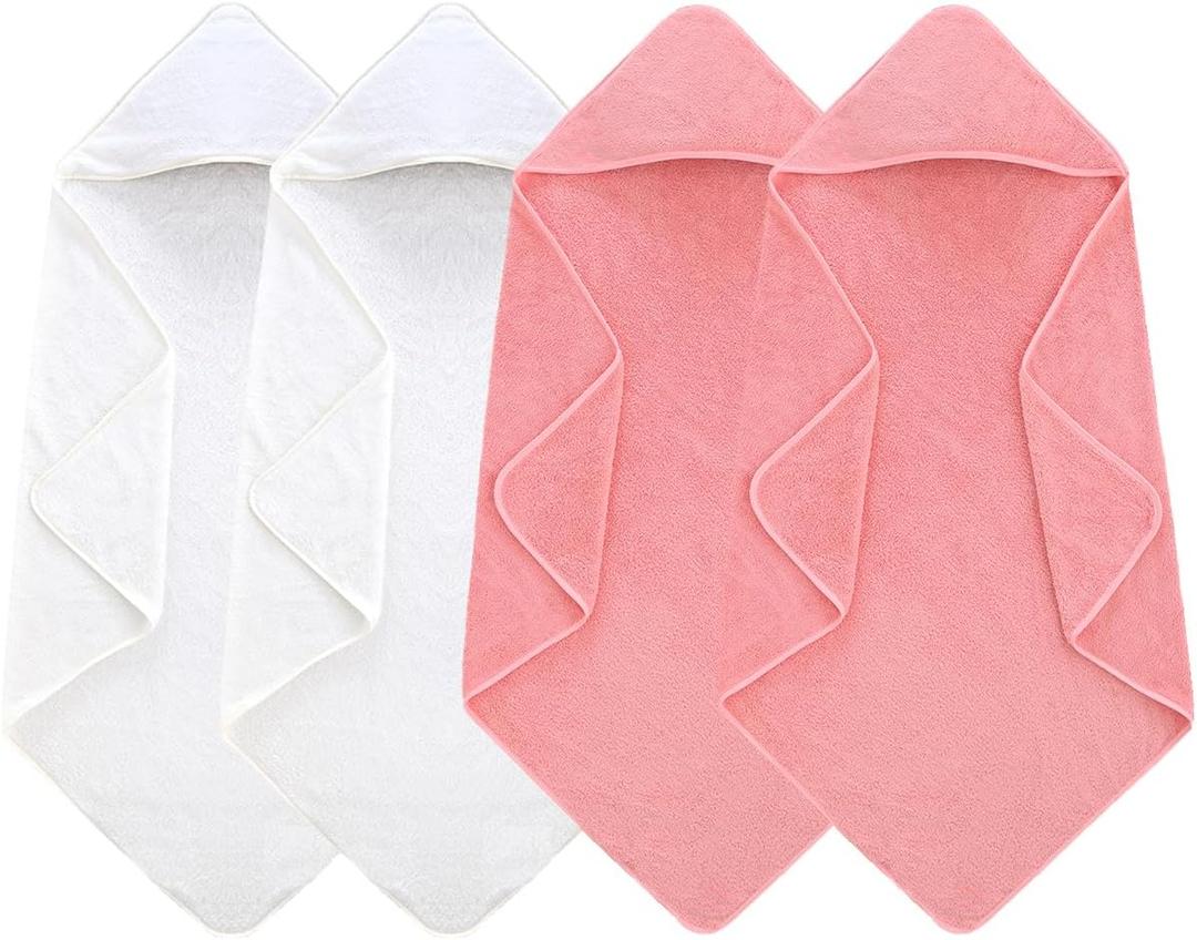 4 Pack Hooded Baby Towels, 32x32 Inch Absorbent Bath Towels, Soft Coral Fleece Hooded Towel for Newborns, Infants, and Toddlers Baby Bath Essentials (2X White + 2X Pink)