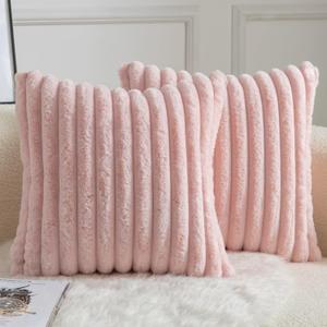 MANDIOO Pack of 2 Decorative Throw Pillow Covers Faux Fur Striped Plush Soft Cushion Covers Pillow Cases Bedroom Living Room Sofa Home 16x16 Inch Pink