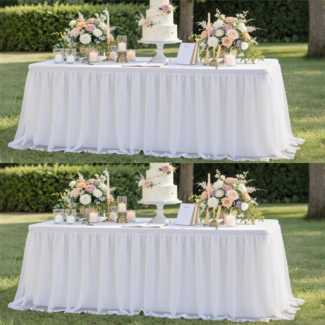 leegleri 2 pk White Tulle Tablecloths for 6 Foot Rectangle Tables, Floor Length 2-in-1 Tulle Table Cover with Draped Skirt,Wrinkle Free Stretchy Fitted Table Clothes 6ft for Wedding Party Decor