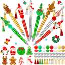 CZWZ 8 Pcs Christmas Beadable Pens, Plastic Beadable Pens with Multicolor Silicone Beads, Christmas Snowman Pine Tree Floral Hoop Deer Pens for Christmas Gifts Office School Supplies