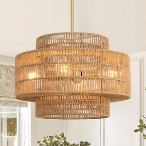 17.7Boho Rattan Chandelier for Dining Room, 4-Light Hand Woven Pendant Light Fixture Farmhouse Rustic Ceiling Hanging for Kitchen Island Bedroom Living Room Nursery Foyer