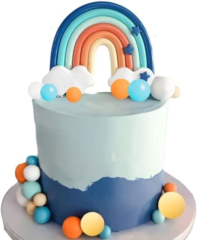 Blue Rainbow Cake Toppers, Qoadwem 14pcs Blue Rainbow Cake Toppers With Orange White Balls For Dog Birthday Cake Decorations Baby Shower Party Supplies