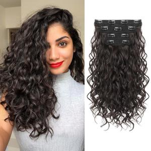REECHO Curly Hair Extensions, 4PCS 16 inch Clip in Hair Extensions Lace Weft Short Curly Clip Ins Invisible Natural Hairpieces for Women, Dark Brown