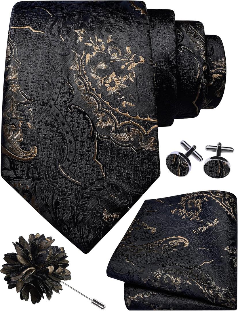 GUSLESON 8cm Paisley Tie Set for Men Necktie Lapel Pin Pocket Square Cufflinks Set for Men (Black)