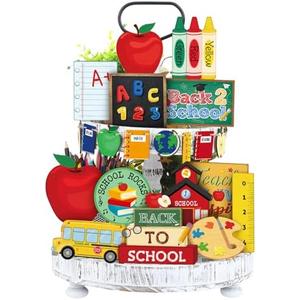 Seeloowy 19 Pcs Back to School Tiered Tray Decor Set Fun Appreciation Wood Signs Decorative Book Bus Table Centerpiece Back to School Decorations Farmhouse Sign for Centerpiece Party Decor