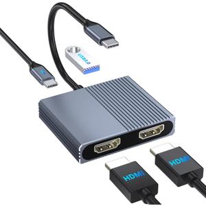 USB C to Dual HDMI Adapter for 2 Monitors, 4-in-1 HDMI Splitter for Dual Monitors Extended Display Support SST/MST with USB3.0/100W PD, USB C Docking Station Double Monitor for MacBook/Dell/HP Laptop