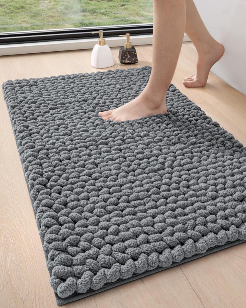 DEXI Bathroom Rugs 24x36, Non Slip Washable Bath Mat, Luxury Chenille Super Absorbent Thick Bathmats for Shower Floor, Plush Fluffy Shaggy Carpet for Tub, Dark Grey